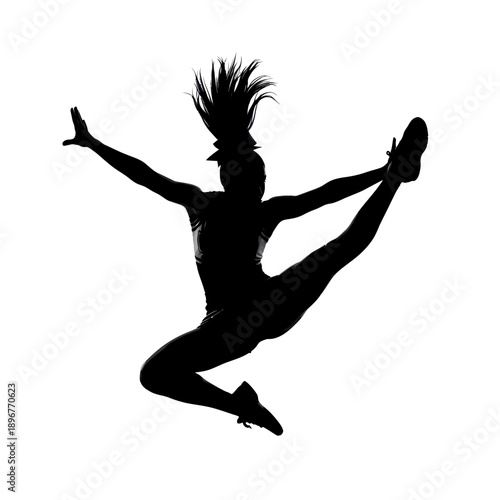 Silhouette of a dancer performing an energetic leap with legs extended and arms outstretched.