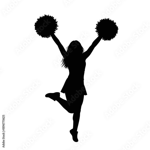 Silhouette of a Cheerleader with Pom Poms, Jumping with Joy and Energy