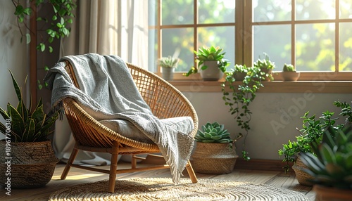 Cozy Indoor Oasis - Rattan Chair, Plants, and Natural Light.