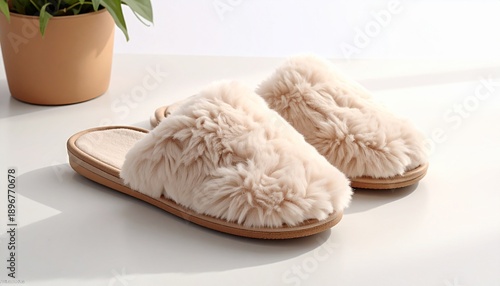 Cozy indoor slippers on a white surface with plant.