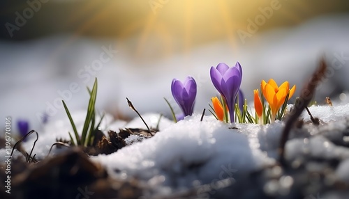 First blooms of spring purple and yellow crocuses emerge through melting snow