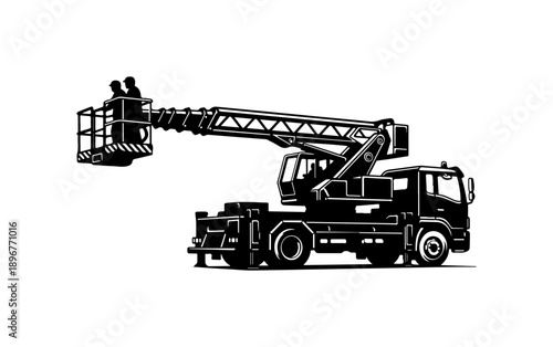 Black Silhouette Vector Image of Cherry Picker Truck with Elevated Platform