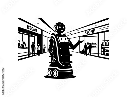 Futuristic Robot Welcoming Visitors in a Modern Shopping Mall