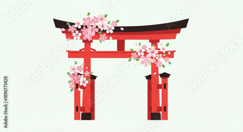 Vibrant red japanese torii gate with cherry blossoms on cream background for travel and culture concepts