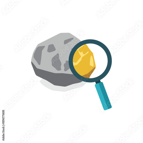 Magnifying Glass Inspecting Gold Rock, Discovery and Analysis Vector Illustration