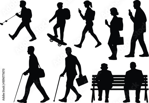 Various stylized human silhouettes depict diverse pedestrians using modern technology and mobility aids against a white.