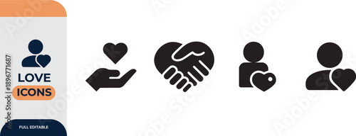 Love, heart, friendship, care and charity concept editable stroke outline icons set isolated on white background flat vector illustration.