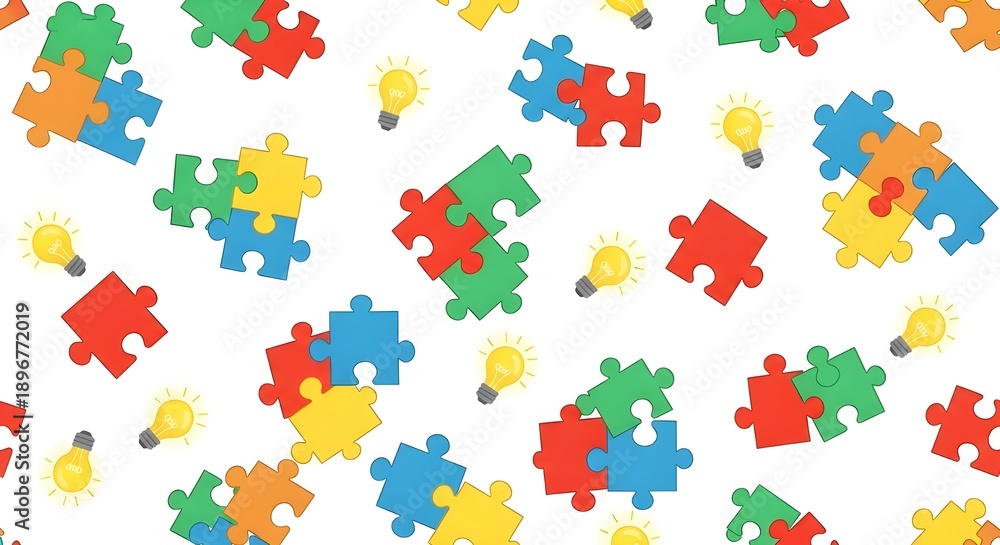 Naklejka premium Colorful Puzzle Piece and Lightbulb Seamless Icon Pattern