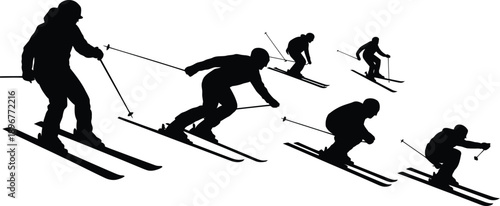 Multiple skiers descend a snowy slope in a dynamic group silhouette graphic against a white background.