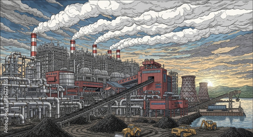 Industrial factory complex with smoking chimneys and pipes.