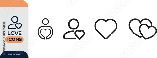 Love, heart, friendship, care and charity concept editable stroke outline icons set isolated on white background flat vector illustration.