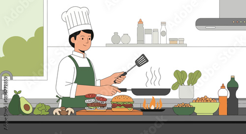 Chef preparing gourmet burger in a modern kitchen with fresh ingredients displayed artfully and