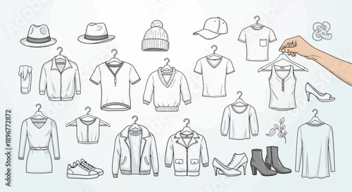 Collection of Hand-Drawn Fashion Garments and Accessories for Creative Fashion Design Projects