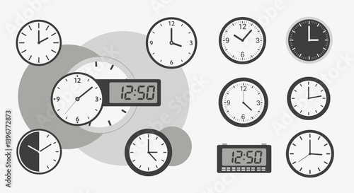 Clock collection, various analog and digital time displays, time management concepts