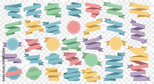 Collection of vector ribbons and badges in pastel colors for web design elements marketing