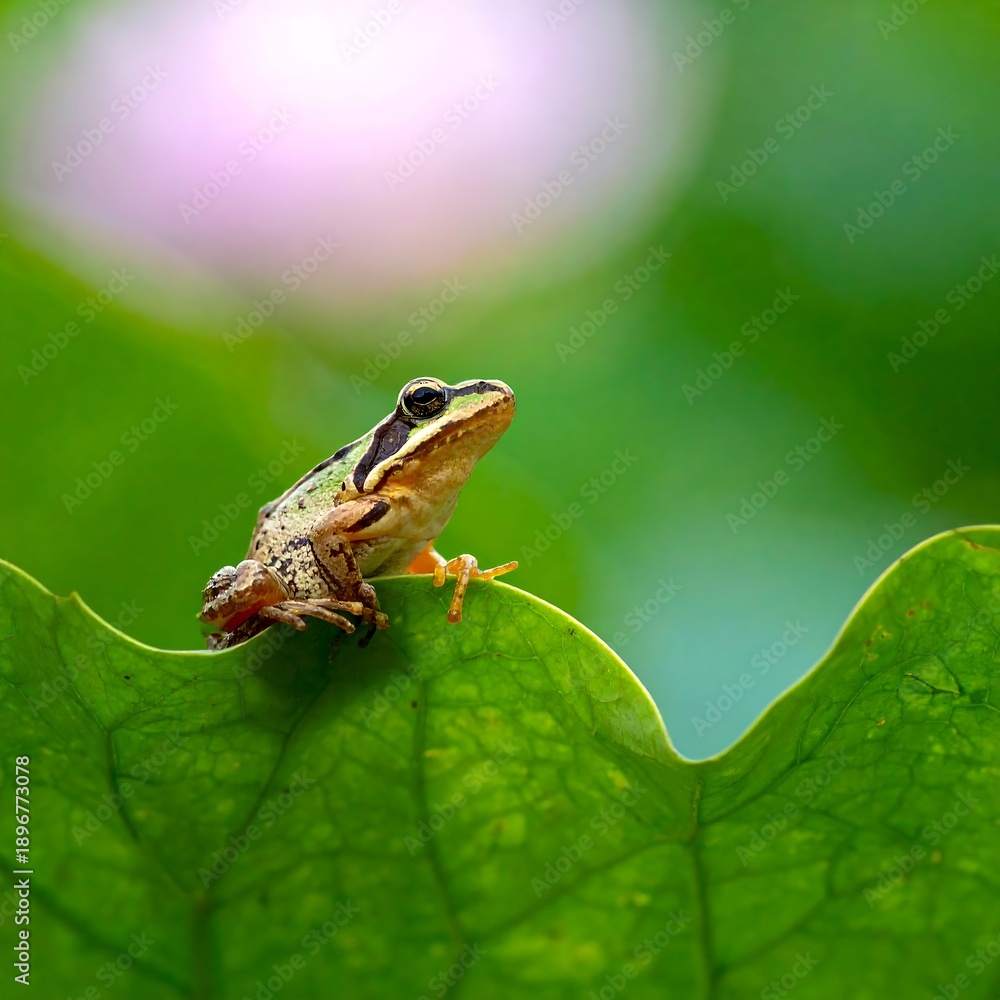Obraz premium Tiny frog perched upon a verdant leaf with soft background colors creates a serene and peaceful natural scene
