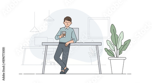 Man taking a coffee break from work in modern minimalist office environment relaxing at desk