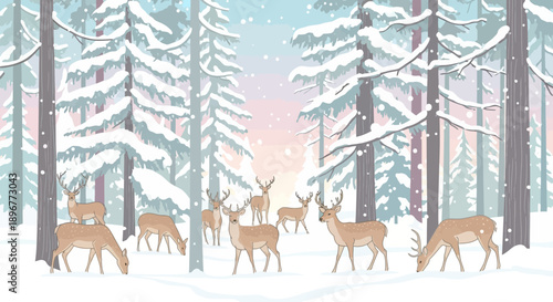 Serene winter wonderland vector scene featuring a graceful herd of deer amidst snow-covered trees