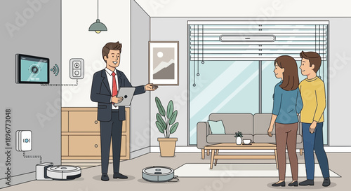 Smart home demonstration: Real estate agent showing couple advanced features of automated house