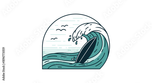 Stylish surfing artwork featuring a wave and a surfboard in a minimalist design style
