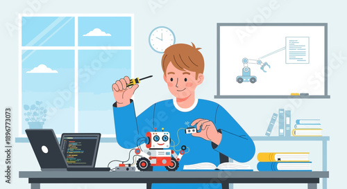 Young engineer building a robot at his desk, coding and tinkering with enthusiasm, creating a