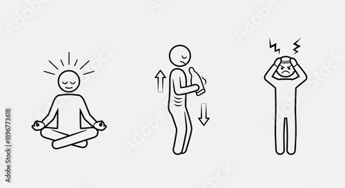 Three figures showing meditation stress and physical discomfort.