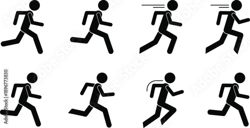 Running human silhouette icon set showing fast motion stick figure people in black shapes for sport, fitness, and movement concepts