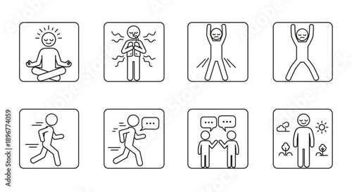 Set of eight simple line art icons depicting human emotions and activities.