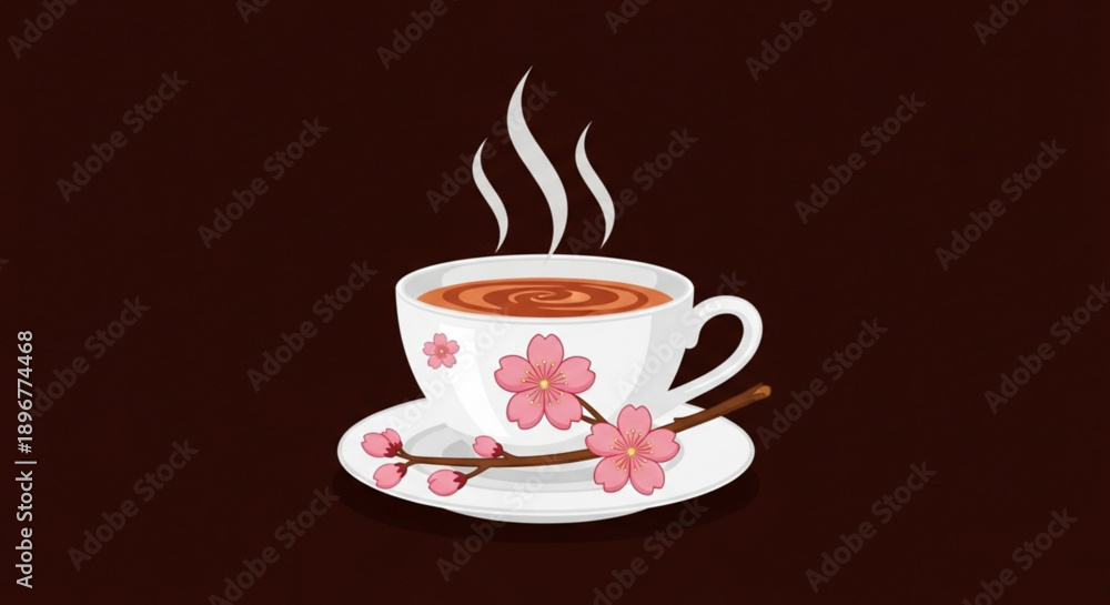Obraz premium Steaming cup of coffee with cherry blossoms on saucer and dark brown background perfect for relaxation and morning routines