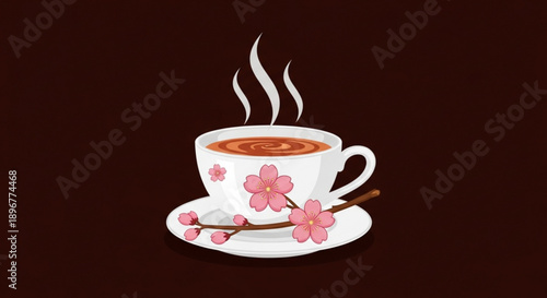 Steaming cup of coffee with cherry blossoms on saucer and dark brown background perfect for relaxation and morning routines