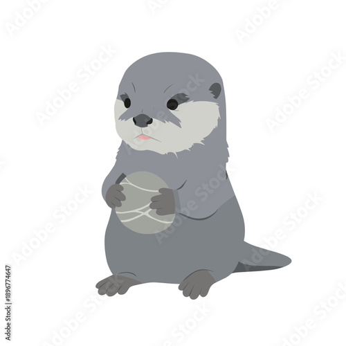 Adorable Little Otter Holding a Stone Vector Illustration Isolated on White Background.