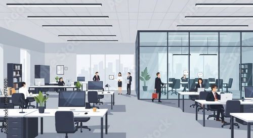 Modern open plan office interior with employees working at desks.