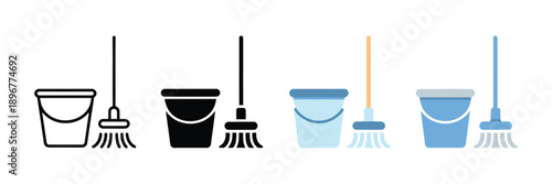 Cleaning tools vector icon set, buckets and brooms in various styles, isolated on white background.