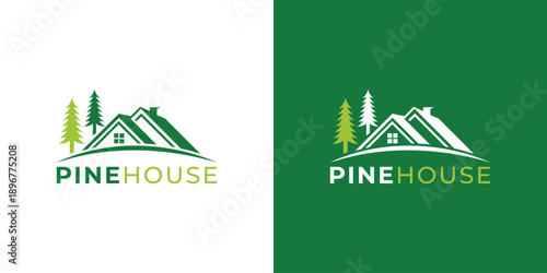 Modern Pine Tree and House Logo Template for Real Estate, Eco Property and Nature Home Branding