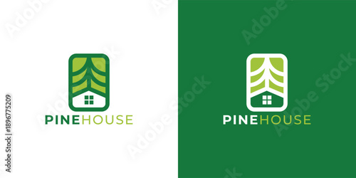 Modern Pine Tree and House Logo Template for Real Estate, Eco Property and Nature Home Branding