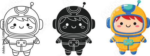 Cute astronaut character illustration set showing outline, black silhouette, and colorful cartoon spaceman design for kids, space themes, and branding