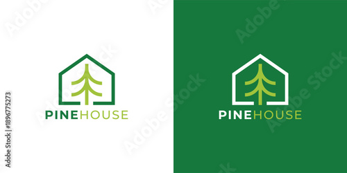 Modern Pine Tree and House Logo Template for Real Estate, Eco Property and Nature Home Branding