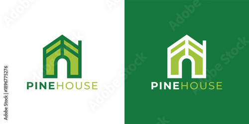 Modern Pine Tree and House Logo Template for Real Estate, Eco Property and Nature Home Branding