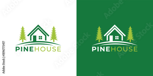 Modern Pine Tree and House Logo Template for Real Estate, Eco Property and Nature Home Branding