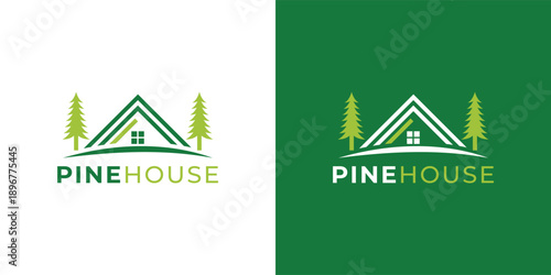 Modern Pine Tree and House Logo Template for Real Estate, Eco Property and Nature Home Branding