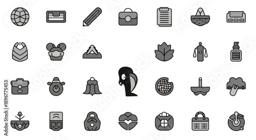 Collection of various icons representing different concepts and objects.