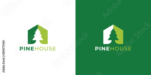 Modern Pine Tree and House Logo Template for Real Estate, Eco Property and Nature Home Branding