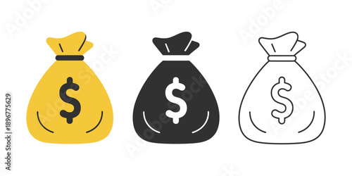 Money bag icons, line and flat black and white sack, vector illustration for finance.