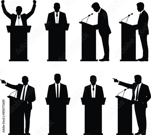 Set of professional public speaker silhouettes standing at podium for business presentation political speech conference lecture seminar and leadership vector