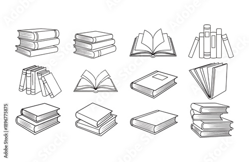 Premium Book Line Art Collection - 12 Detailed Vector Sketches of Stacked Books, Open Pages, and Library Shelves for Authors, Publishers, and Academic Design