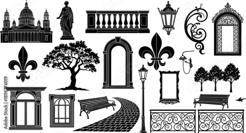 Architectural silhouette collection, classical building icons, decorative urban elements, black vector design, street lamp statue window bench tree frame fence symbols