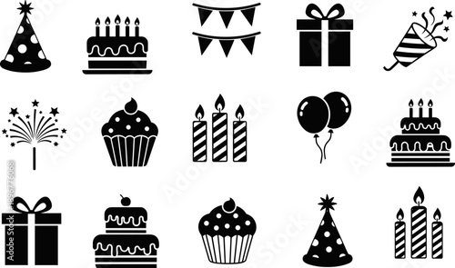 Birthday celebration icon set, black silhouette vector, cake candle hat balloon gift cupcake firework banner popper cursor anchor festive party symbols