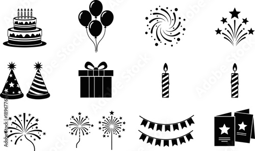 Birthday celebration icons, cake and balloons, party hats and fireworks, gift box silhouette, festive vector elements, black and white graphic set