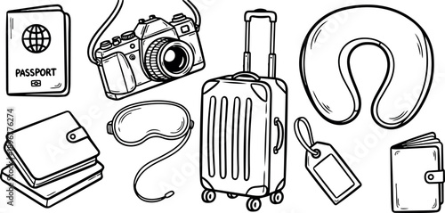 Line art hand drawn travel essentials flat layout passport camera suitcase neck pillow sleep mask luggage tag notebooks sketch illustration