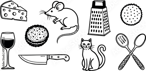 Black and white line art illustration of cheese wine mouse cat kitchen tools knife grater and cookies composition